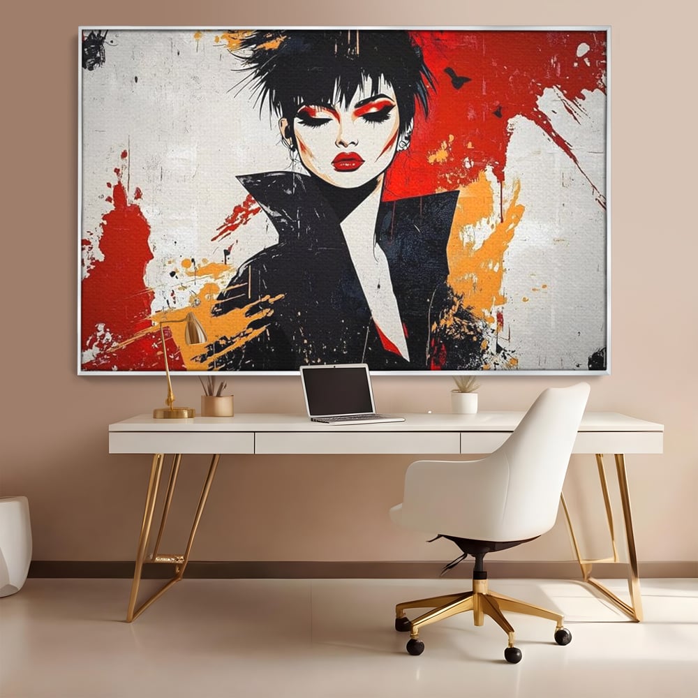 Tablou canvas cu ilustratie digitala cu portret de femeie in stil punk, in rama de aluminiu argintiu, pe perete intr-un birou